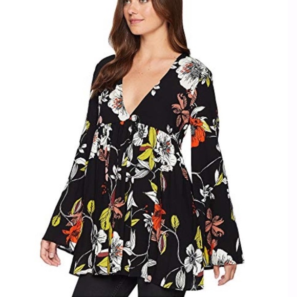 FREE PEOPLE BELLA PRINTED FLORAL V-NECK LONG SLEEVE TUNIC, BLACK, SIZE XS (NWT) - Picture 2 of 7